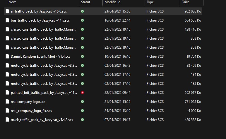 Liste des mods téléchargés dans le dossier mod du jeu (dans 'Mes Documents')