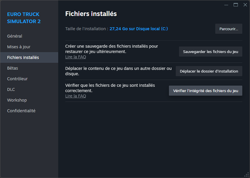 Vérification des fichiers du jeu dans Steam'