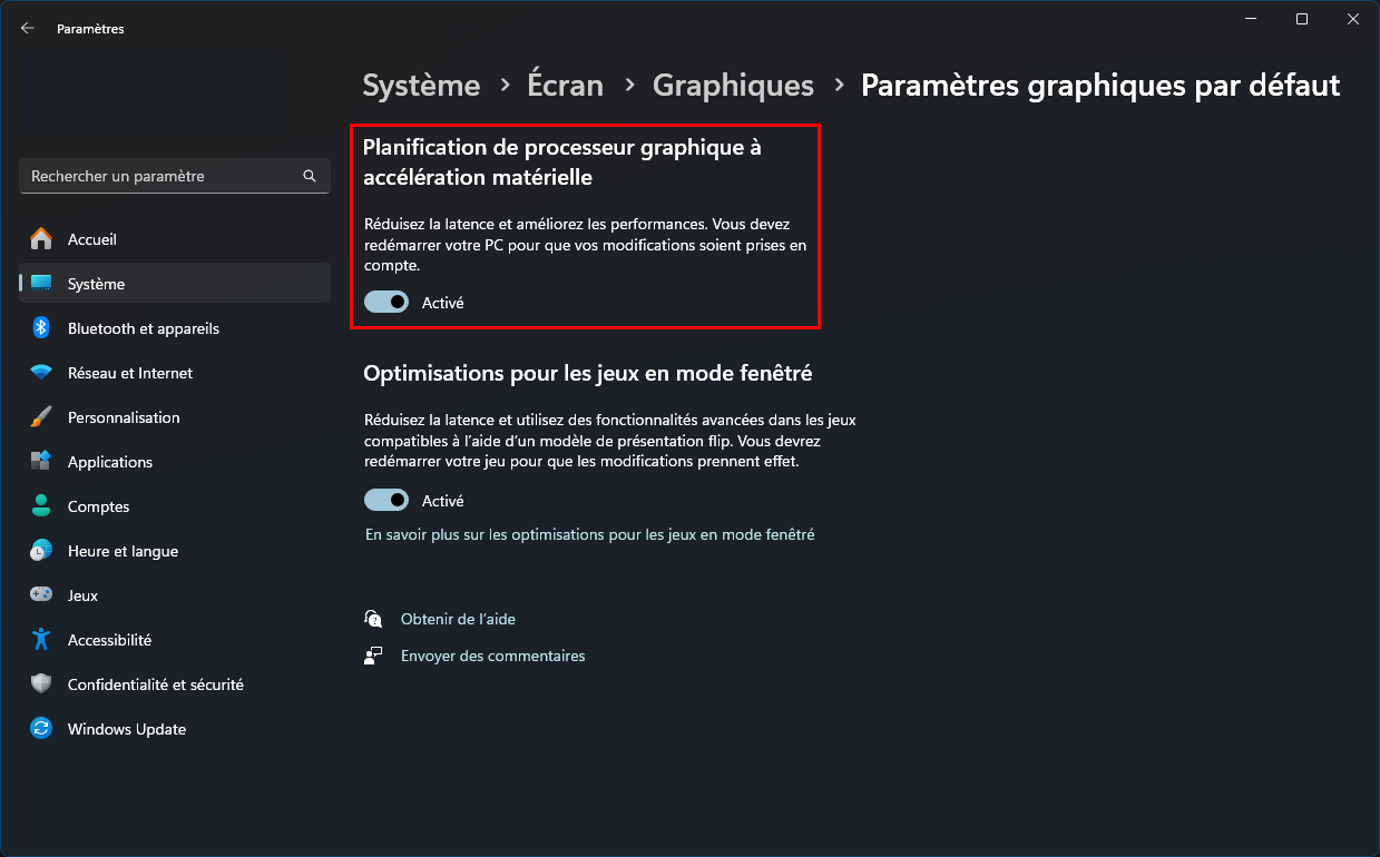 Réglage de la planification de processeur graphique à accélération matérielle dans Windows