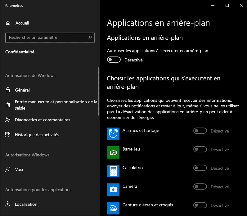 Réglage de l'éxécution des applications en arrière plan dans Windows 10