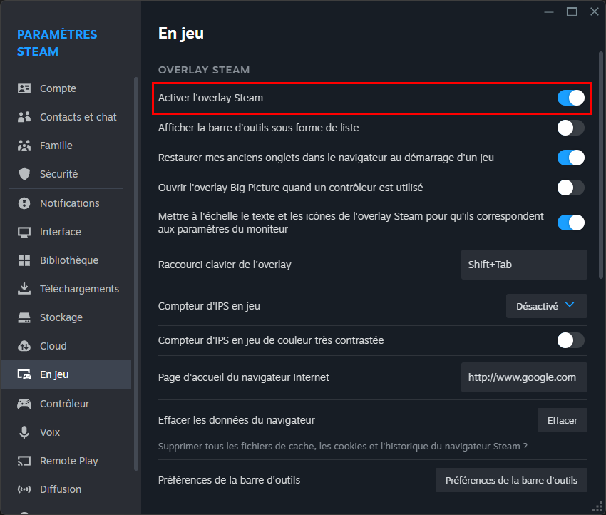 Réglage de l'overlay dans Steam