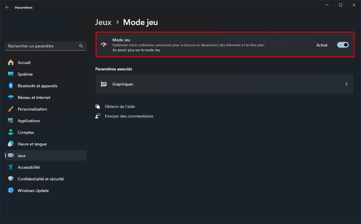 Réglage du mode jeu dans Windows