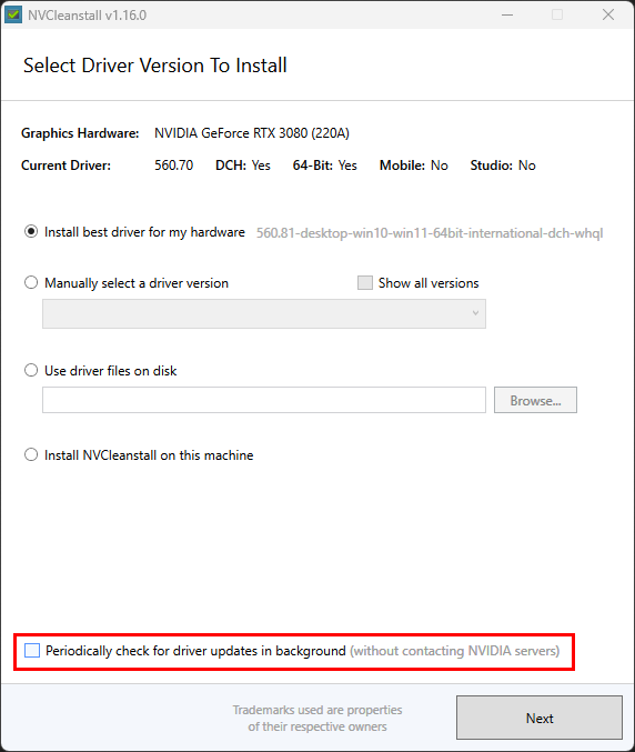 Installer NVCleanstall sur ordinateur et option à cocher pour notifications de mises à jour