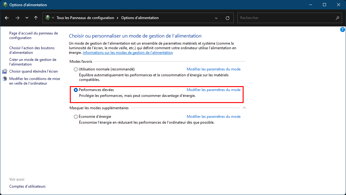 Réglage du mode de gestion de l'alimentation dans Windows