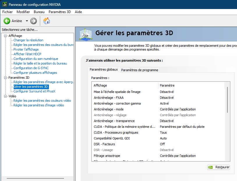 Gestion des paramètres 3D dans lae panneau de configuration NVidia